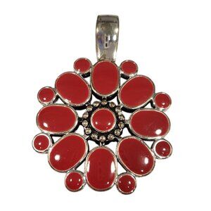 Premier Designs Reversible Enamel Red and Turquoise Pendant Silver Tone